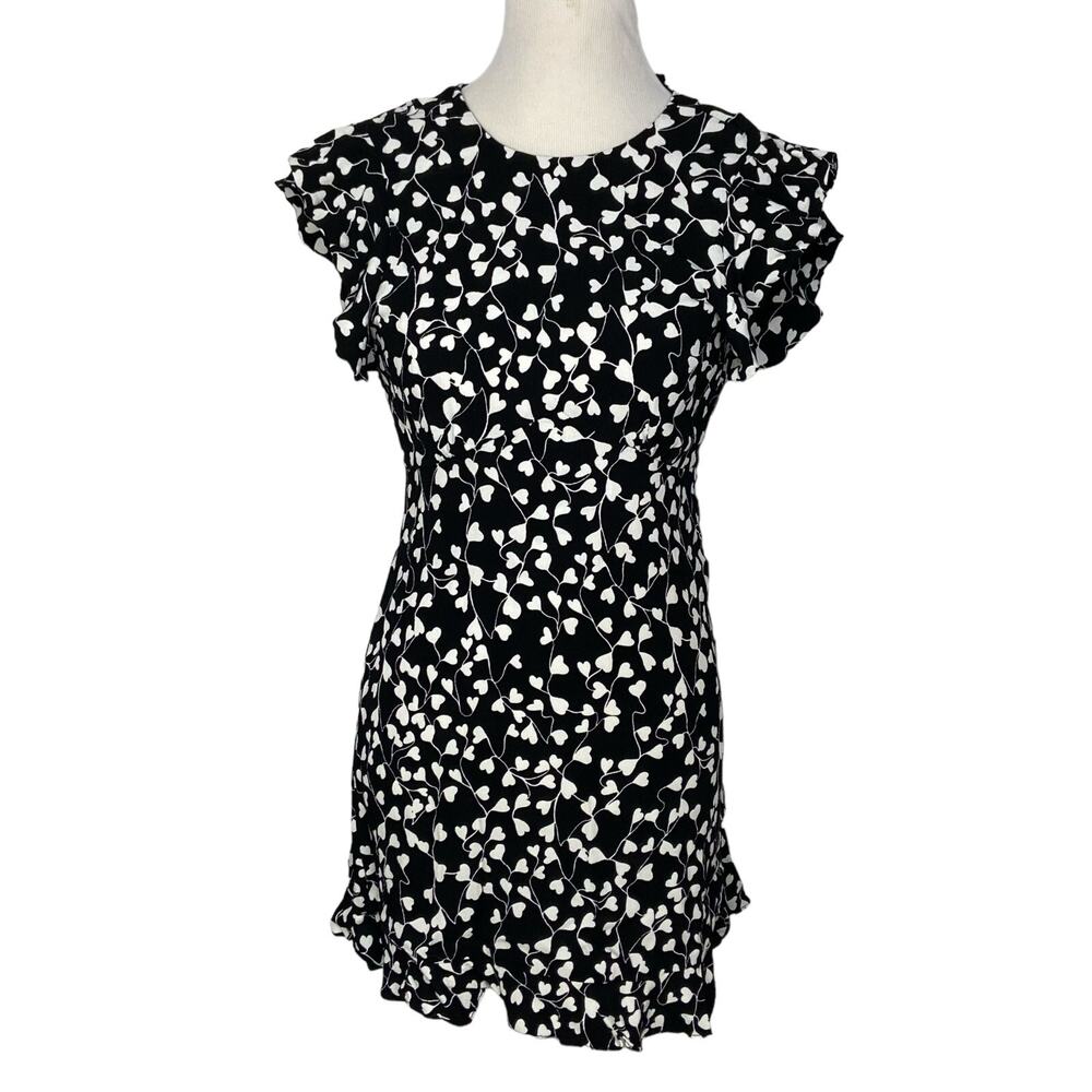 Diane Von Furstenberg Krona Ruffled Crepe Mini Dress Sz XS Black/White Heart